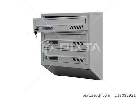Mailboxes in the condo. metal mailbox with lockable center in condo. Mailbox on the white background isolated Mailboxes in the condo. metal mailbox with lockable center in condo. Mailbox on the white background isolated 113089921