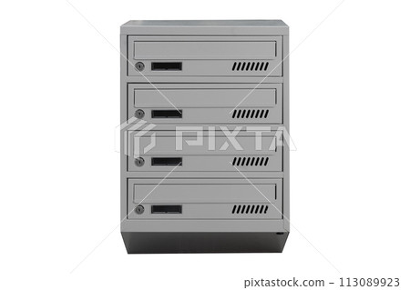 Mailboxes in the condo. metal mailbox with lockable center in condo. Mailbox on the white background isolated 113089923