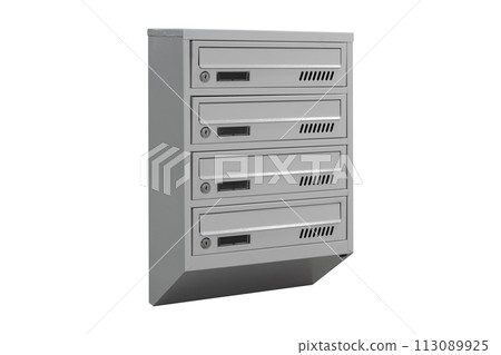 Mailboxes in the condo. metal mailbox with lockable center in condo. Mailbox on the white background isolated Mailboxes in the condo. metal mailbox with lockable center in condo. Mailbox on the white background isolated 113089925