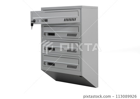 Mailboxes in the condo. metal mailbox with lockable center in condo. Mailbox on the white background isolated Mailboxes in the condo. metal mailbox with lockable center in condo. Mailbox on the white background isolated 113089926