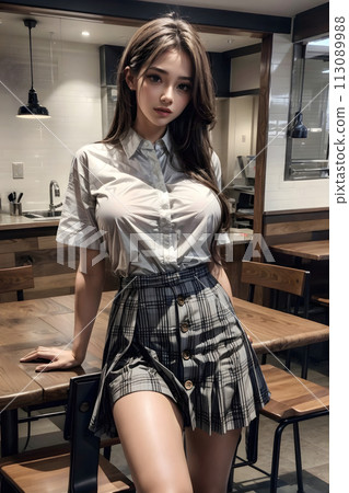 High school girl in miniskirt uniform standing in the dining room 113089988