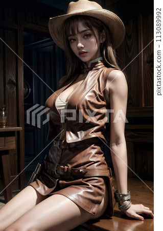 Girl in cowboy costume sitting 113089992