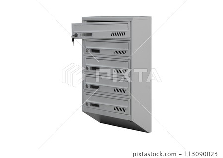 Mailboxes in the condo. metal mailbox with lockable center in condo. Mailbox on the white background isolated Mailboxes in the condo. metal mailbox with lockable center in condo. Mailbox on the white background isolated 113090023