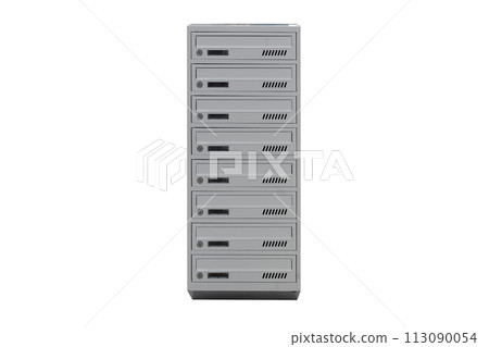 Mailboxes in the condo. metal mailbox with lockable center in condo. Mailbox on the white background isolated 113090054