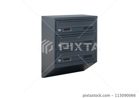 Mailboxes in the condo. metal mailbox with lockable center in condo. Mailbox on the white background isolated Mailboxes in the condo. metal mailbox with lockable center in condo. Mailbox on the white background isolated 113090066