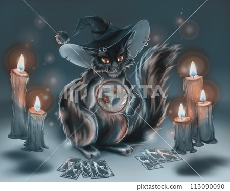 A black cat in a hat with a burning candle. He is guessing on a magical ball with fish. A black cat in a hat with a burning candle. He is guessing on a magical ball with fish. 113090090