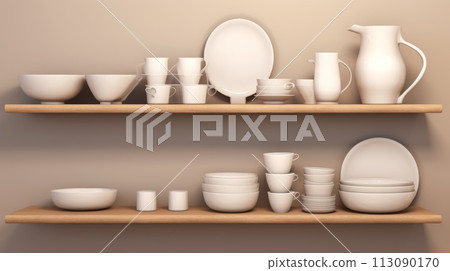 Minimalist Tableware on Shelves Minimalist Tableware on Shelves 113090170