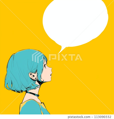 一個女人一邊抬頭一邊說話，還有一個講話泡泡 113090332