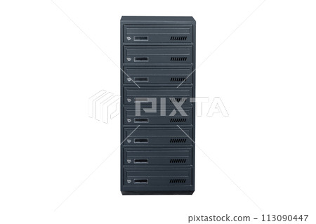 Mailboxes in the condo. metal mailbox with lockable center in condo. Mailbox on the white background isolated 113090447