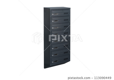 Mailboxes in the condo. metal mailbox with lockable center in condo. Mailbox on the white background isolated Mailboxes in the condo. metal mailbox with lockable center in condo. Mailbox on the white background isolated 113090449