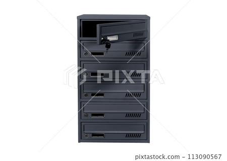 Mailboxes in the condo. metal mailbox with lockable center in condo. Mailbox on the white background isolated Mailboxes in the condo. metal mailbox with lockable center in condo. Mailbox on the white background isolated 113090567