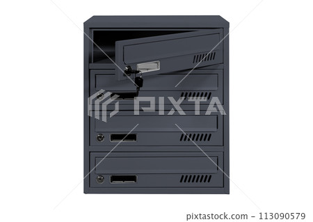 Mailboxes in the condo. metal mailbox with lockable center in condo. Mailbox on the white background isolated 113090579