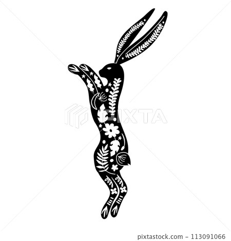 Hand drawn Decorative Easter Bunny Linocut 113091066