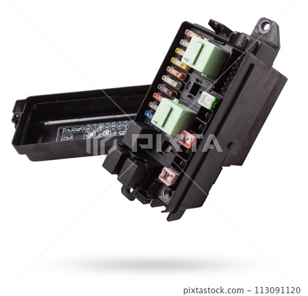 Automotive fuses box in different colors and each color is responsible for the specific value of the protection defined in amperes. Catalog of spare parts. Automotive fuses box in different colors and each color is responsible for the specific value of the protection defined in amperes. Catalog of spare parts. 113091120