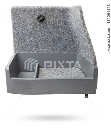Sheathing of a car body part - trunk made of gray fabric on a white isolated background in a photo studio for replacement or sale in a workshop. Sheathing of a car body part - trunk made of gray fabric on a white isolated background in a photo studio for replacement or sale in a workshop. 113091138