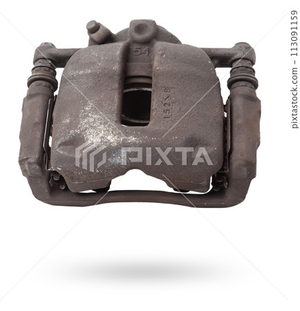Old metal brake caliper on a white background for replacement during the repair of the chassis or for a catalog of spare parts for sale on auto parsing. 113091159