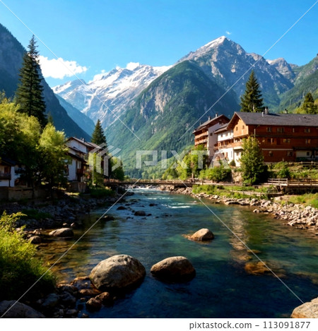 A beautiful village with mountains and rivers 113091877