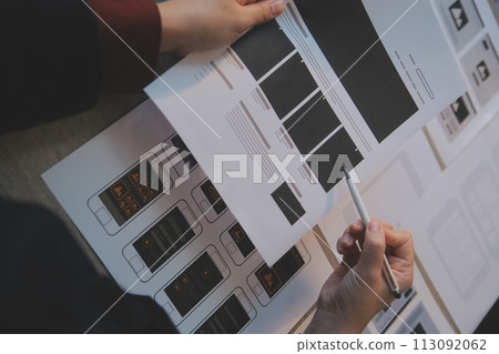 UX UI design process for modish mobile application and website . Creative prototype of wireframe for professional app developer . 113092062