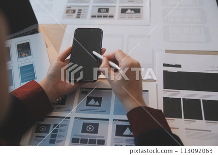 UX UI design process for modish mobile application and website . Creative prototype of wireframe for professional app developer . 113092063