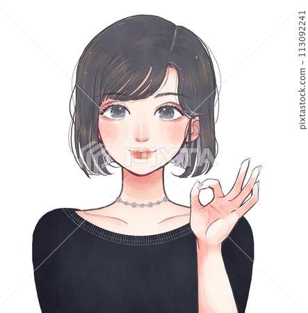 Illustration of a stylish black-haired girl in plain clothes giving an OK sign Illustration of a stylish black-haired girl in plain clothes giving an OK sign 113092241
