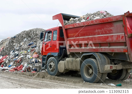 Garbage is deposited by truck into large pile which is collected for recycling AI Generative 113092315