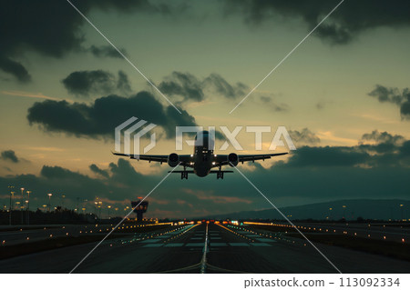 A passenger airplane taking off from runway at airport Generative AI 113092334