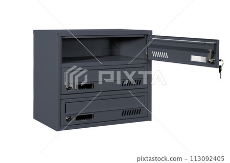 Mailboxes in the condo. metal mailbox with lockable center in condo. Mailbox on the white background isolated Mailboxes in the condo. metal mailbox with lockable center in condo. Mailbox on the white background isolated 113092405