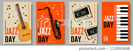 Jazz Day. Poster background template for music festival. Classical wooden guitar, piano keyboard, saxophone, audio cassette tape event flyer design. April 30. International Jazz Day Celebration 113092606