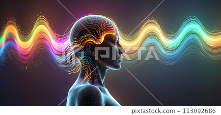 Colorful and illustrative representation of an individual who perceives his environment and processes stimuli through different sensory perceptions and different external stimuli 113092686