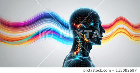 Colorful and illustrative representation of an individual who perceives his environment and processes stimuli through different sensory perceptions and different external stimuli 113092697