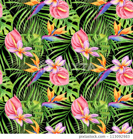 Tropical flowers and leaves seamless pattern. Exotic floral background. Botanical endless backdrop. Digital paper, scrapbooking. Perfect for wrapping, packaging, fabric, textile 113092983