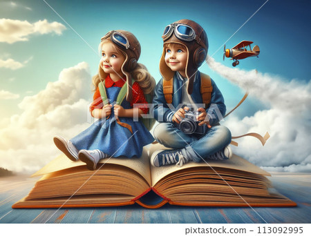 A boy in a pilot costume are sitting on a book flying in the sky through the clouds A boy in a pilot costume are sitting on a book flying in the sky through the clouds 113092995