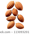 Almonds A cluster of whole almonds, their golden-brown shells glistening with a light sheen, captured fr 113093201