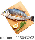 A side view of a grilled whole fish, showcasing its crispy skin and flaky flesh, 113093202