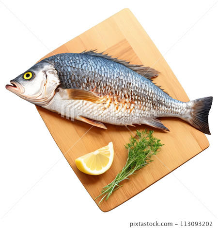 A side view of a grilled whole fish, showcasing its crispy skin and flaky flesh, A side view of a grilled whole fish, showcasing its crispy skin and flaky flesh, 113093202