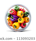 A mix of fresh, colorful bell pepper slices in a round glass container, photographed from the side, 113093203