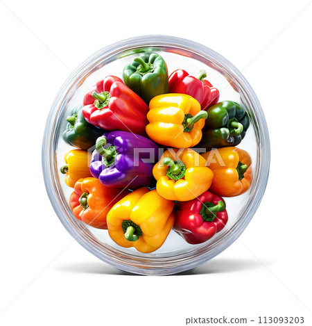 A mix of fresh, colorful bell pepper slices in a round glass container, photographed from the side, A mix of fresh, colorful bell pepper slices in a round glass container, photographed from the side, 113093203