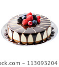cheesecake in a round, clear glass dish, topped with fresh berries 113093204
