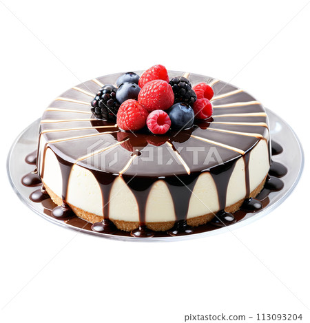 cheesecake in a round, clear glass dish, topped with fresh berries cheesecake in a round, clear glass dish, topped with fresh berries 113093204