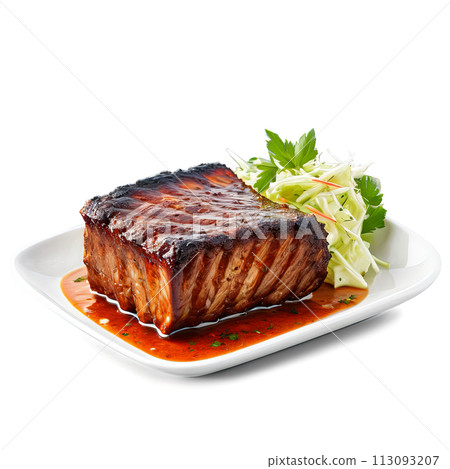 A flavorful and aromatic BBQ rib in a square glass dish, garnished with fresh herbs 113093207