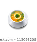 A comforting and hearty soup in a tall, slender glass bowl, garnished with fresh herbs and served with cr 113093208