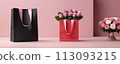 Gift boxes with red ribbons, with studio lighting and backdrop. Present, surprises, celebration and gift warping. 113093215