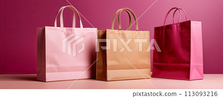 Shopping bag on backdrop with studio lighting, shopping, marketing, promotion, sale advertisement and product placement. 113093216