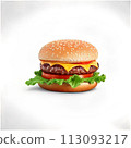 Burger A juicy burger, with a thick, succulent patty nestled between a soft bun, adorned with crisp lett 113093217