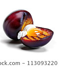 A delicious grilled plum half, drizzled with honey and topped with a dollop of whipped cream, 113093220