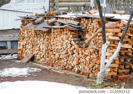 Preparation of firewood for the winter. firewood background 113093312