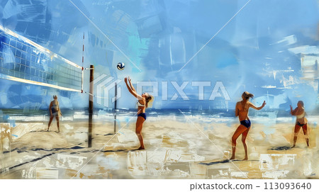 Digital oil painting of scantily clad women playing beach volleyball in sunny weather 113093640