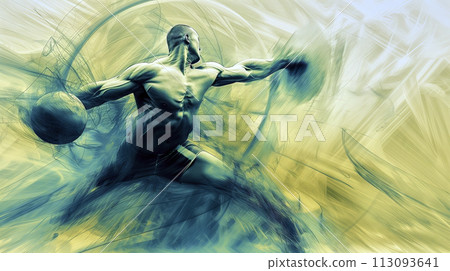 Abstract digital drawing of a muscular athletic man in shorts hurling a ball away Abstract digital drawing of a muscular athletic man in shorts hurling a ball away 113093641