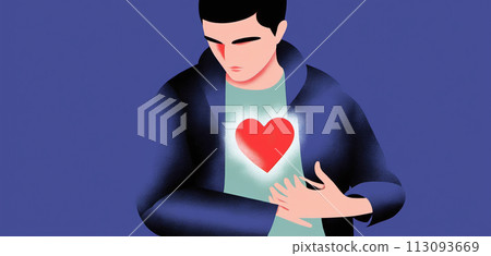 Man holding his heart in his hand taking care of heart health and protecting his heart 113093669