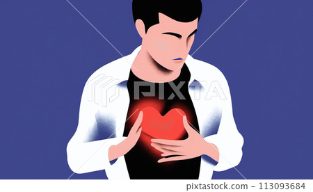 Man holding his heart in his hand taking care of heart health and protecting his heart 113093684